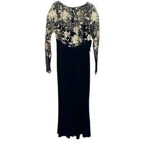 David Meister Dress Gown Size 6 Black Gold Lace Illusion Floral Bodice NEW